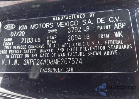 2021 Kia Forte Lxs from USA, damaged, VIN 3KPF24AD8ME267574